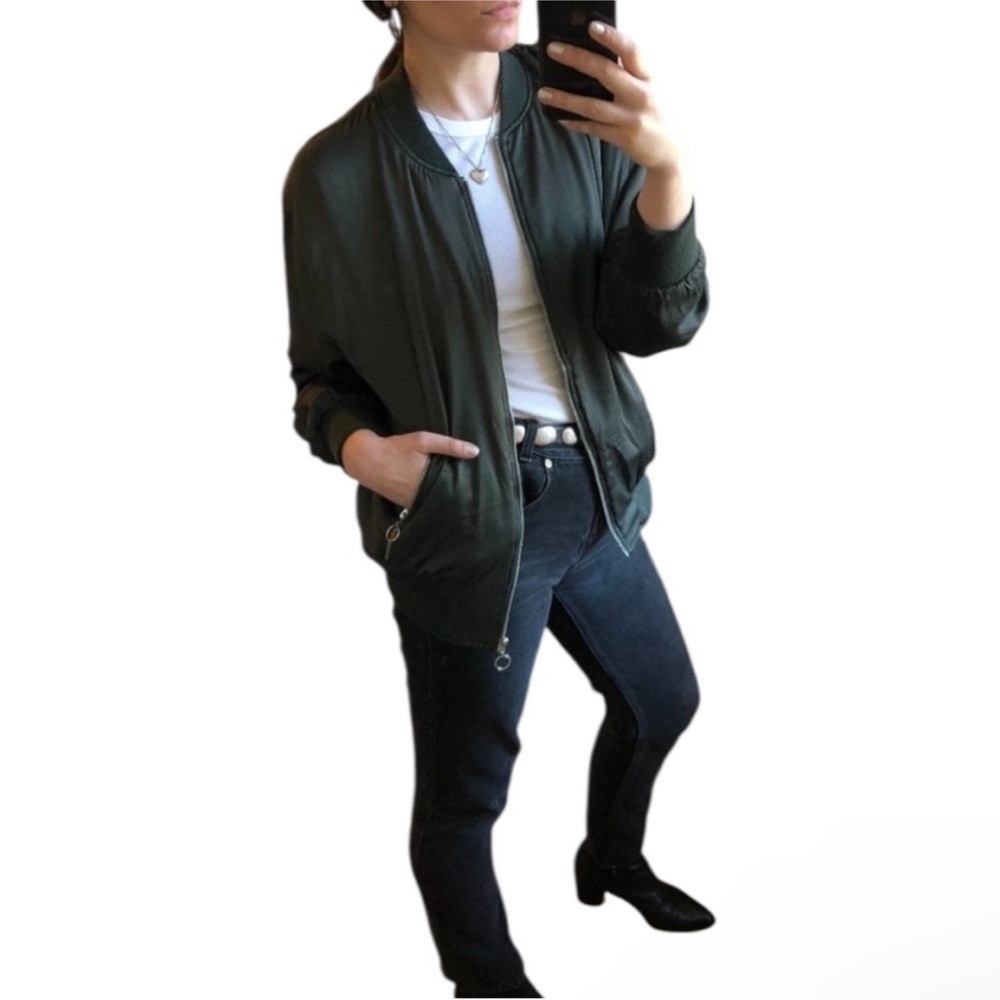 ZARA COLLECTION Green Silky Relaxed O-Ring Zipper Bomber Jacket Small |fits XS-M - Picture 14 of 16